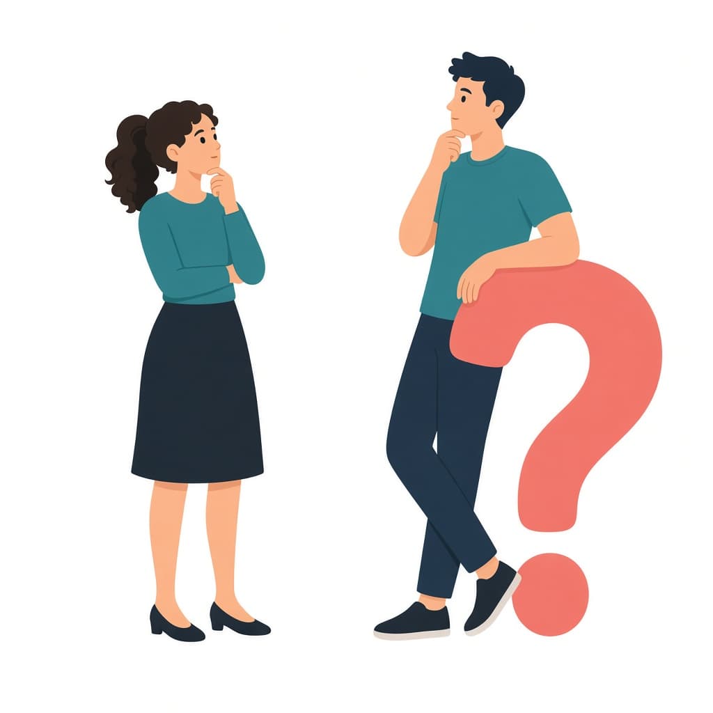 Two people looking at a question mark while choosing a streaming plan.