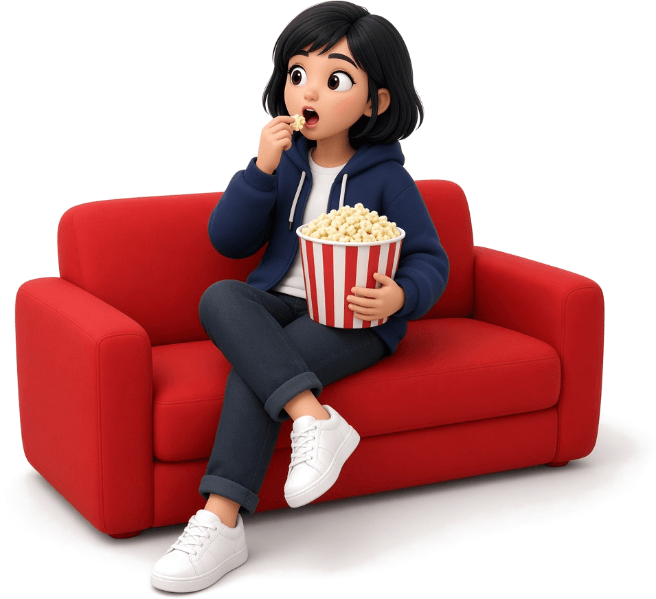 A viewer on a red sofa with a bucket of popcorn.